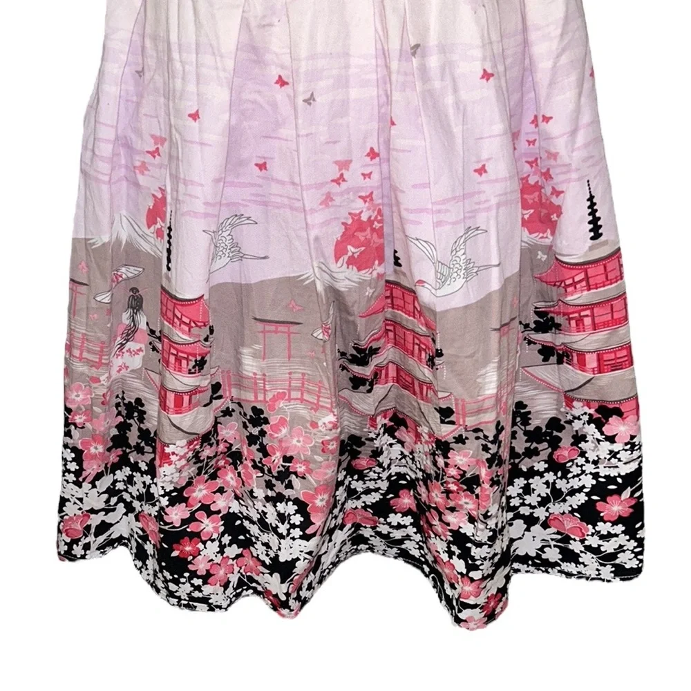 Pink Chinoiserie Pagoda Floral Blush Pink Pleated Flared Midi Skirt - XS - Picture 6 of 12